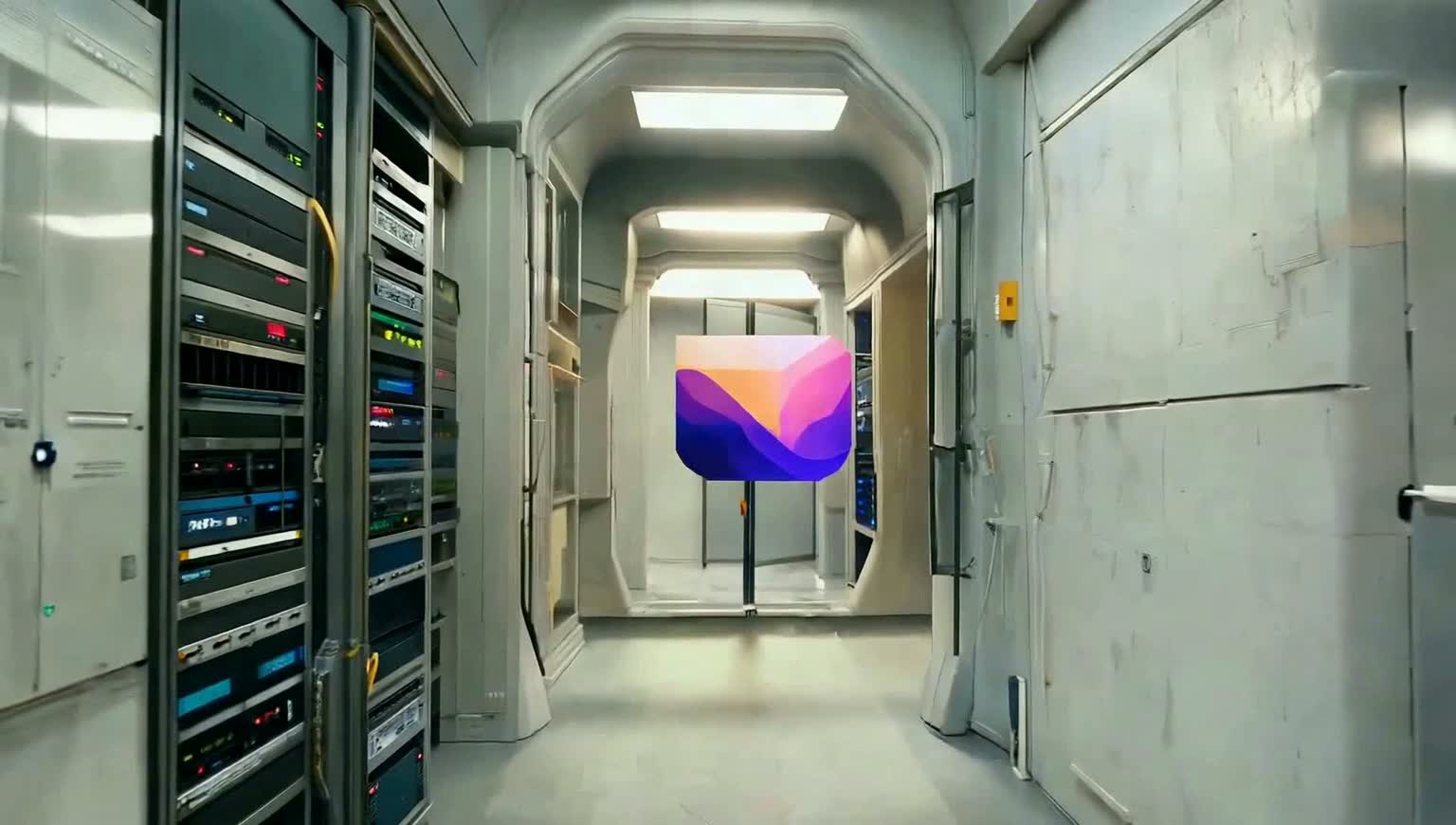 Servidor moderno com pequenos astronautas cuidando da infraestrutura