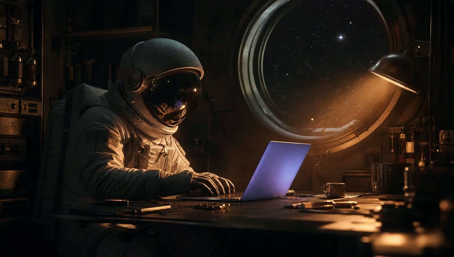 Astronauta trabalhando em um MacBook em uma oficina espacial